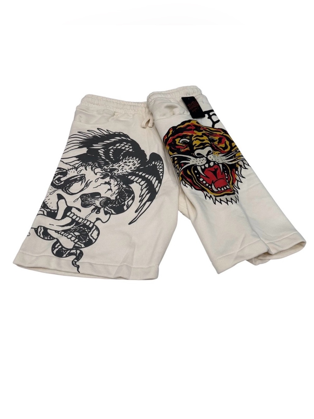 Ed Hardy Men's Tiger Eagle Print Sweat Shorts Ivory Color Size L NWT